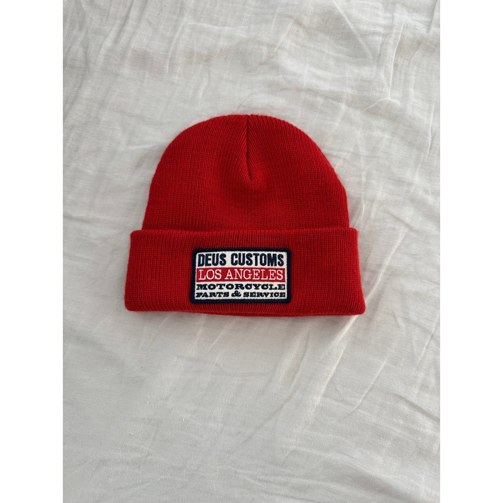 Deus Ex Machina Red Los Angeles Motorcycle Patch Knit Beanie Hat